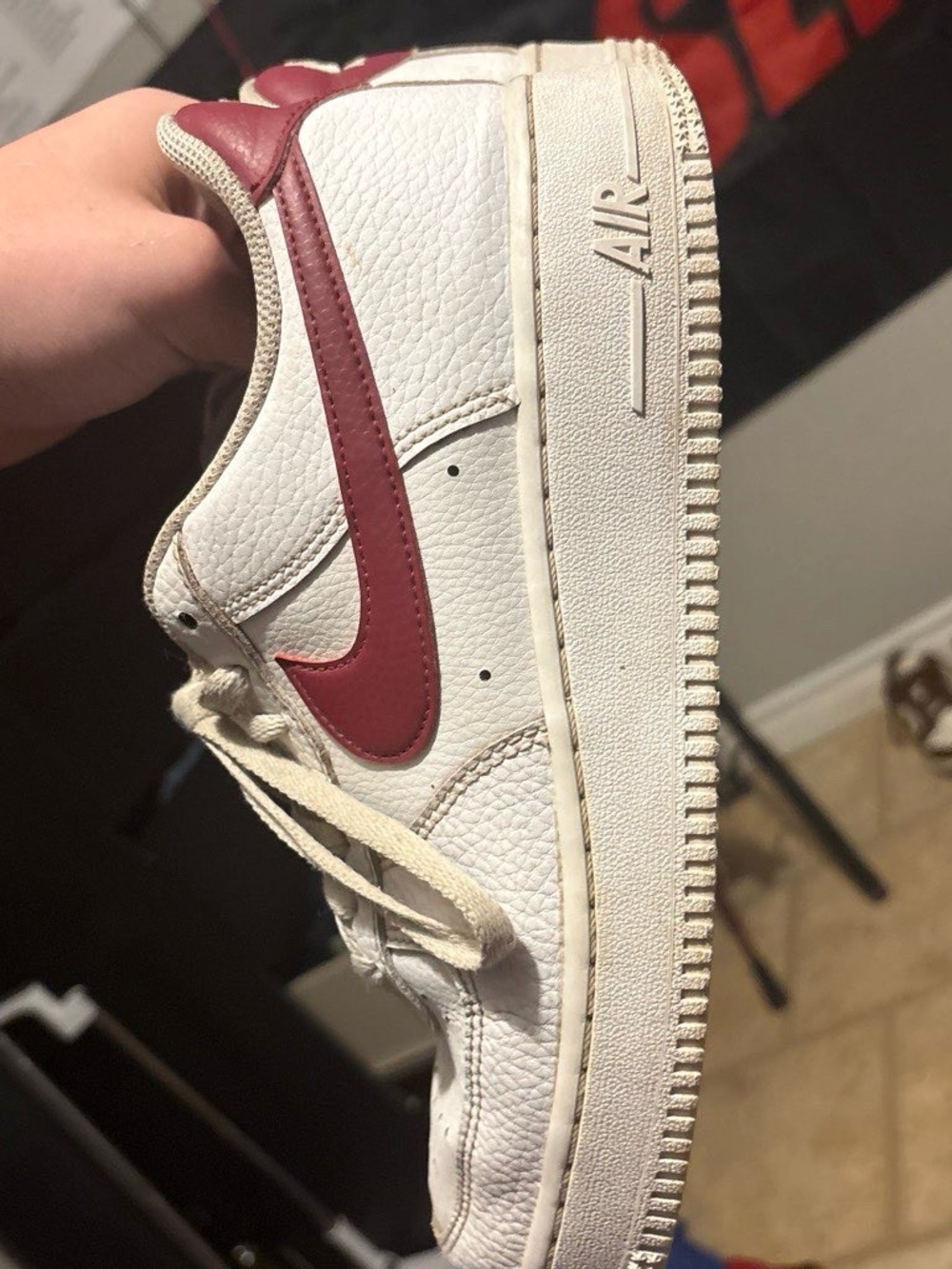 Nike White Leather Sneakers with Burgundy Swoosh